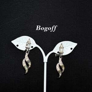 Bogoff Clear Rhinestone Clip Dangle Earrings, Rhodium Plated, Wedding Earrings